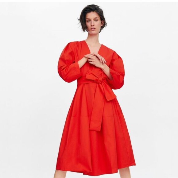 Zara Poplin Belted Long Sleeve Dress Red - Picture 1 of 6